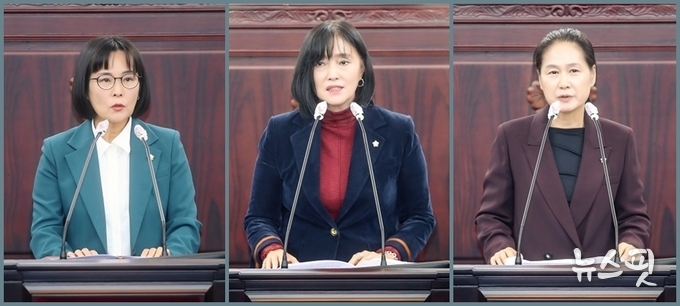 좌측부터 5분발언 중인 위영란, 공영애, 김미영 의원.(사진=화성시의회)