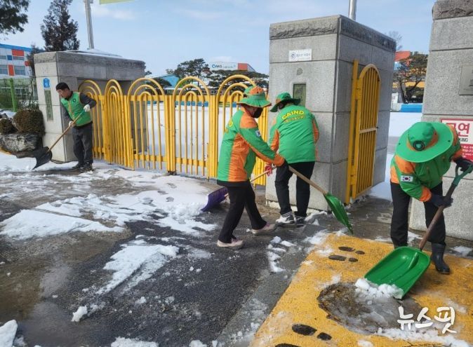 이천시 자율방재단, 개학기 대비 학교 앞 제설 작업 추진