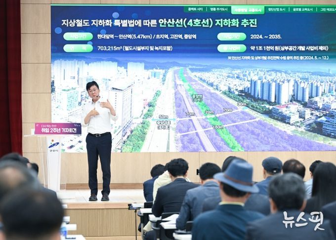 이민근 안산시장이 지난 13일 개최된 2035 뉴시티 안산 프로젝트에서 안산선 지하화에 대해 설명하고 있다