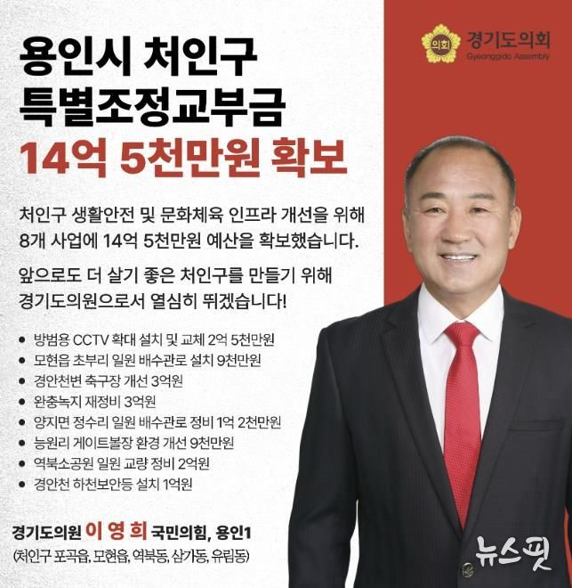 경기도의회 이영희 의원, 처인구 생활안전·문화체육 인프라 대폭 개선… 특별조정교부금 14억 5천만원 확보