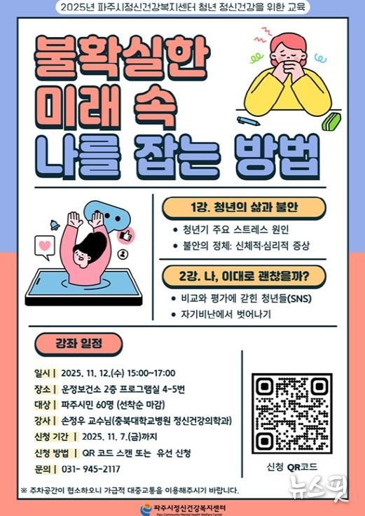 파주시정신건강복지센터, 2025년 청년 정신건강 강좌 ‘불확실한 미래 속 나를 잡는 방법’ 운영