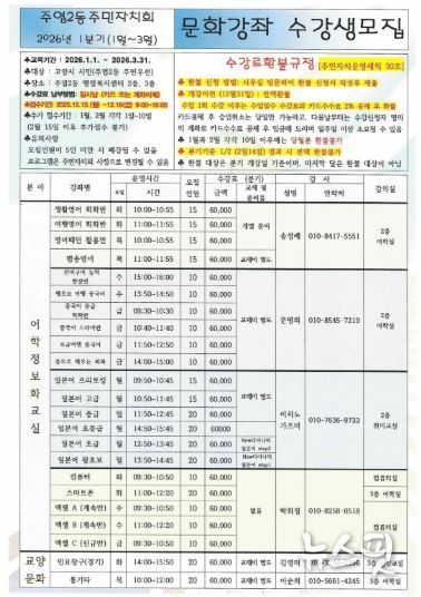 고양시 주엽2동, 2026년 1분기 문화강좌 접수 시작