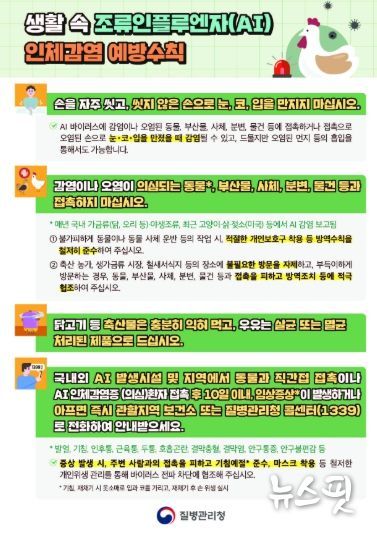 생활 속 조류인플루엔자(AI) 인체감염 예방수칙 안내문.