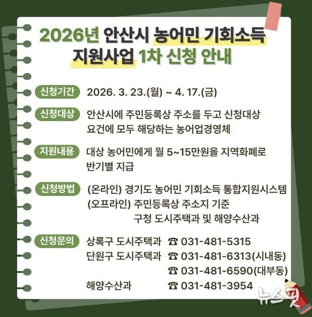 '2026 안산시 농어민 기회소득 지원사업' 디지털 홍보자료.