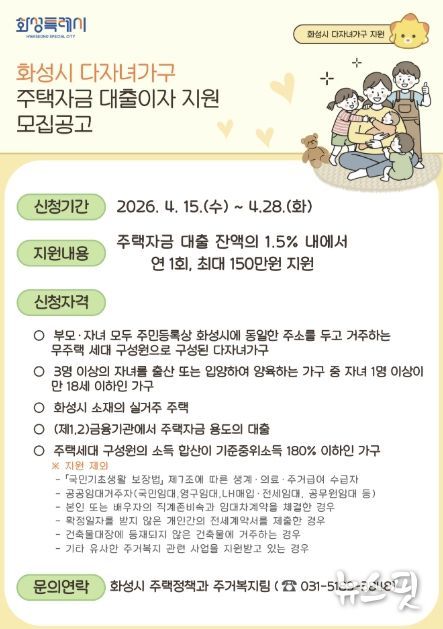 2026 화성특례시 다자녀가구 주택자금 대출이자 지원사업 홍보 포스터