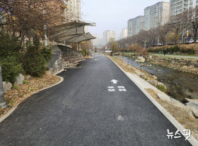 정비를 완료한 수지구 성복천 자전거도로 전경